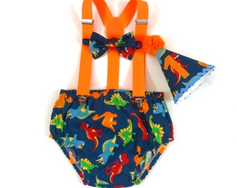 Cake Smash Outfit Boy Birthday Dinosaurs Outfit 1, 2, 3 or 4 Piece Set Diaper Cover Tie Suspenders Party Hat Bow Tie Bloomers