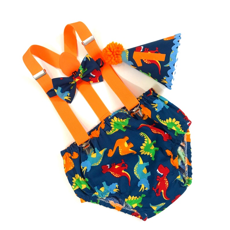 Cake Smash Outfit Boy Birthday Dinosaurs Outfit 1, 2, 3 or 4 Piece Set Diaper Cover Tie Suspenders Party Hat Bow Tie Bloomers image 4