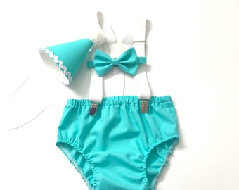 Smash Cake Outfit Boy Birthday Outfit 1, 2, 3 or 4 Piece Set Diaper Cover Tie Suspenders Party Hat Bow Tie Bloomers Mint cakesmash