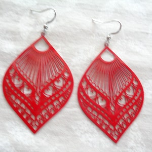 Red Filigree Teardrop Earrings: Hypoallergenic Stainless Steel Heart Jewelry