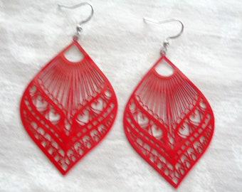 Red Filigree Teardrop Earrings: Hypoallergenic Stainless Steel Heart Jewelry