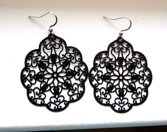Black Filigree Earrings, Lightweight Flower Dangle Earrings