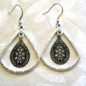 Filigree earrings, silver and black earrings, large dangles, lead free, nickel free, hypo allergenic