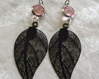 Filigree earrings, black filigree, pink and black earrings, hypo allergenic