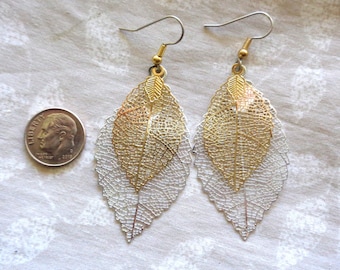 Leaf earrings, silver and gold earrings, earrings, filigree earrings, mesh earrings, shimmery earrings, hypo allergenic