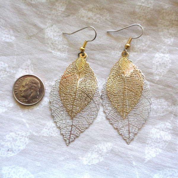 Leaf earrings, silver and gold earrings, earrings, filigree earrings, mesh earrings, shimmery earrings, hypo allergenic