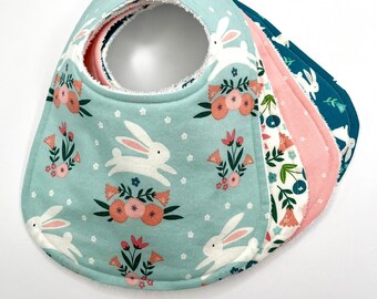 Baby Bib | Bunny | Rabbit | Spring Floral | Flowers | Pink | Aqua | Peach | Blue | Baby Girl Gift | Baby Boy Gift | Baby Shower Gift