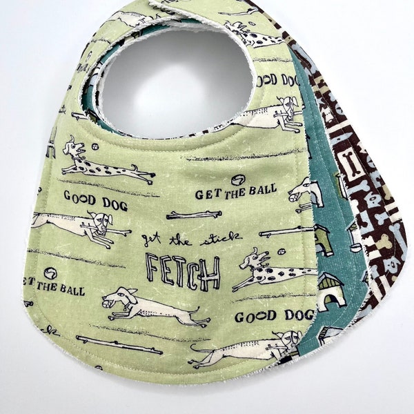 Baby Bib | Dogs | Puppies | Dog Houses | Good Dog | Fetch | Get the Ball | Get the Stick | Spotted Dog | Neutral Nursery | Baby Gift