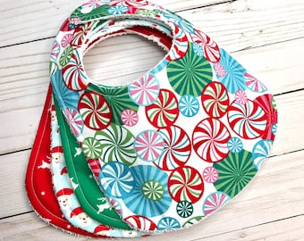 Retro Christmas Baby Bib, Candy, Santa, Reindeer, Baby Gift, 100 % Cotton