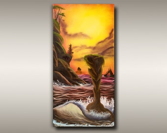 Pacific Northwest Coastal Painting - 12"x24" Oil on Canvas Rocky Vancouver Island, BC Beach Seascape for Relaxing and Calm Contempary Home