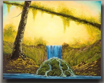 Mossy Pacific Northwest Painting - Large 16"x20" Oil on Canvas Waterfall at Sunset in Evergreen Forest - Landscape for Woodland Home Decor