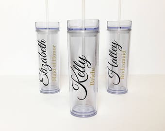 Set of 4 Personalized Bridesmaid Tumbler // Bridal Party // Bridesmaid Gift, Wedding Skinny Tumblers Acrylic tumbler straw // maid of ho
