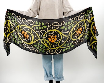 Floral Tendril Scarf - Black Cotton Blend, Book Lover Gift