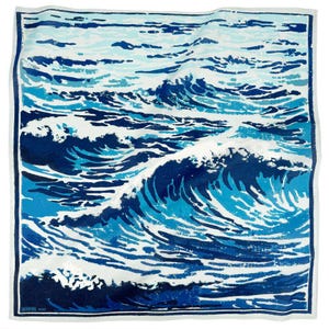 May include: A blue and white illustration of ocean waves crashing. The waves are painted in shades of blue, with white foam crests. The background is a light blue.