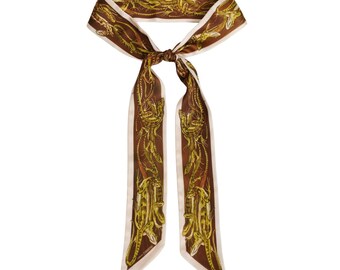Lizards Skinny Scarf - Vintage Print Silky Accessory (Brown)
