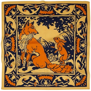 May include: A yellow fabric square with a blue and orange border. The center of the square features a stylized illustration of a fox and a rabbit in a forest setting.