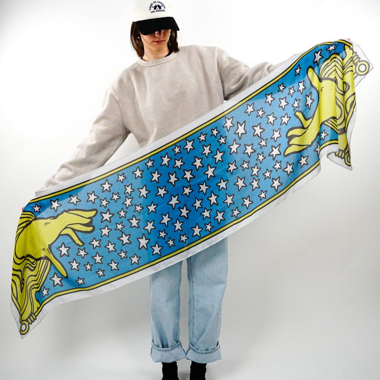 Mystic Star Scarf - Book Inspired - Soft Cotton Blend | White Blue and Yellow Accessory | Elegant Wrap | Booklover Gift | All Season | Large