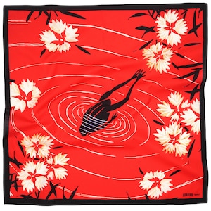 Bandana grenouille japonaise - Coton naturel de 61 cm (24 po) inspiré d'un livre | Joli foulard | Tapisserie murale | Motifs | Livre | Foulard | Grand | Rouge