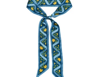 Buttercup Skinny Scarf - Vintage Print Silky Accessory (Blue)