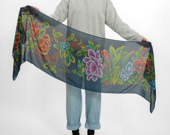 Brocade All-Season Scarf - Vintage-Inspired Cotton-Poly Print (Blue, Multi-Color)