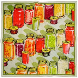 May include: A vintage illustration of a collection of various jars filled with different types of preserved food. The jars are labeled "Mason" and feature a green and white polka dot background.