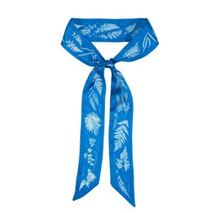 Cyanotype Botanical Print Skinny Scarf – Silky Ribbon Hair Accessory, Purse Accent