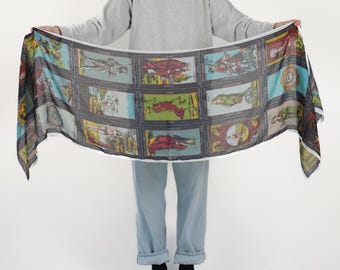Tarot Card Scarf - Soft Cotton Blend | Green and Gold Accessory | Vintage Design | Booklover Gift | All Season | Breathable | Large