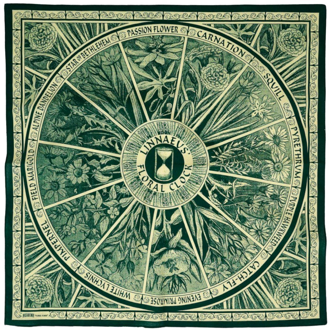 Floral Clock Bandana - Book Inspired 24" Natural Cotton | Floral | Emerald | Unique | Headband | Neckerchief | Wife Girlfriend Friend |