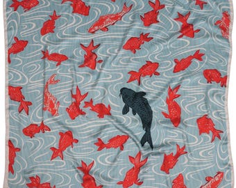 Koi Silky Scarf - Vintage Inspired Silky Print (Blue)