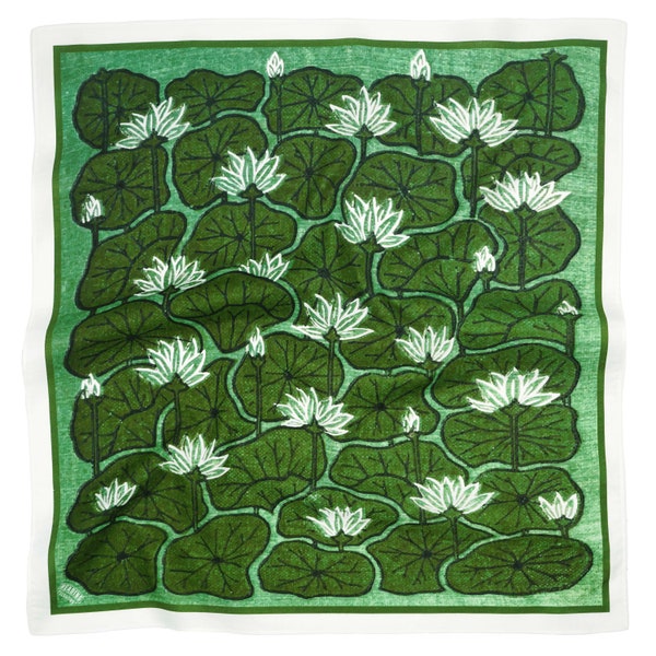 Lily Pad Bandana - Inspired by books, Natural Cotton Large 24" Green Flower / White,  Headband / Mask / Outfit / Hairstyle, Booklover Gift