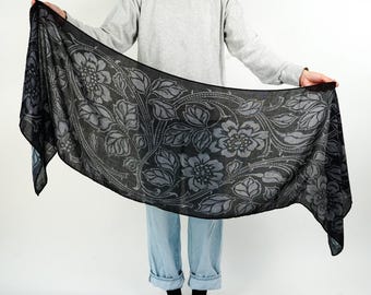 Briar Scarf - Book Inspired - Soft Cotton Blend | Black Grey Accessory | Elegant Shawl | Booklover Gift | Flower Design | Gothic