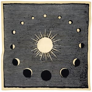 May include: A black and white illustration of the sun and moon phases on a beige background. The sun is in the center of the image with rays radiating out. The moon phases are arranged in a circle around the sun.