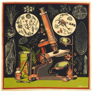 May include: A square, black and green scarf with a vintage scientific illustration. The design features a microscope, botanical elements, and circular diagrams of microscopic organisms. The scarf has a red border and a green base.
