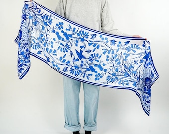 Cobalt Blue Floral Scarf - Book Inspired - Soft Cotton Blend | Blue and White | Cute Bird Design | Booklover Gift | All Season Scarf