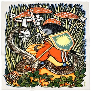 May include: A colorful illustration of a hedgehog wearing armor and holding a sword, fighting a snake in a field of green grass and red and white mushrooms.