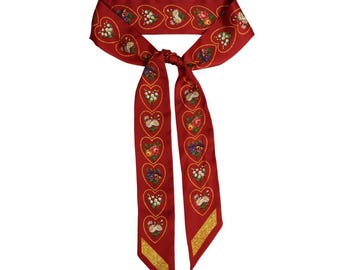 Valentines Skinny Scarf - Vintage Print Silk Accessory (Red)