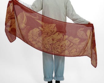 Zoo All-Season Scarf - Vintage-Inspired Cotton-Poly Print (Red)