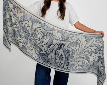 Sketch All-Season Scarf - Vintage-Inspired Cotton-Poly Print (Blue, White)