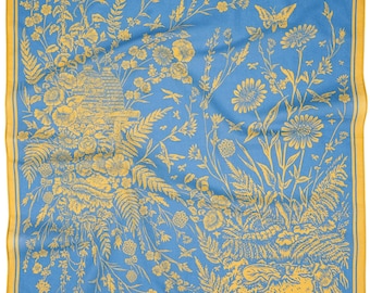 Meadow Bandana - Book Inspired 24" Natural Cotton | Blue and Gold | Cottagecore | Cute Accessory | Outdoor Fashion | Hair Tie