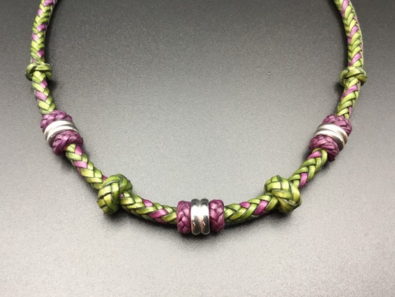 Made to order; Leather choker; Purple and pink kangaroo choker; Women/'s choker; Hand braided and knotted; Marlingspike Knotting