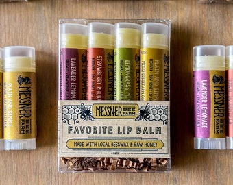 Favorite Collection of 4 Lip Balms - Raw Honey and Beeswax Lip Balm - Lavender Lemonade, Lemongrass Mint, Strawberry Rhubarb & Plain