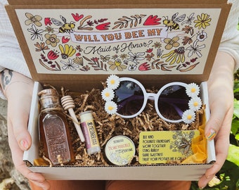 Wedding Party Proposal Gift Boxes - 6 unique styles - Raw honey, lip balm, solid perfume, bee pin and daisy sunglasses!