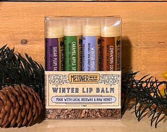 WINTER Collection of 4 Lip Balms - Raw Honey and Beeswax Lip Balm - Great stocking stuffer!