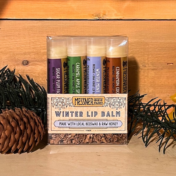 WINTER Collection of 4 Lip Balms - Raw Honey and Beeswax Lip Balm - Great stocking stuffer!