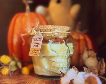 Bougie spéciale Spooky Skull 12 oz - Parfumée Harvest Moon - Fabriquée avec du soja, de la cire d'abeille et de la noix de coco - Sans paraffine !! - Approvisionnement limité