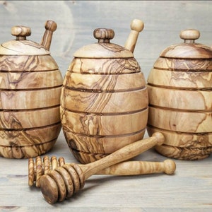 Honey pot and dipper - olive wood