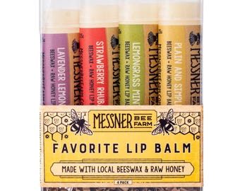 Favorite Collection of 4 Lip Balms - Raw Honey and Beeswax Lip Balm - Lavender Lemonade, Lemongrass Mint, Strawberry Rhubarb & Plain