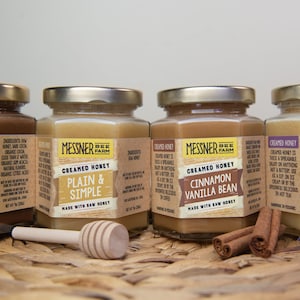 9oz. Sampler Pack - Cinnamon Vanilla Bean, Lemon Lavender, Plain + Simple & Cocoa Sea Salt Creamed Honey Flavors!