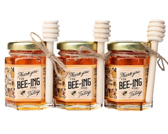Thank You For Bee-ing Here Today Honey Jar and Tiny Dipper - Gift or Party Favor