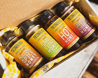 Infused Honey Sampler Gift Box - Try our Mulling Spice, Garlic Citrus, Hot, and Lavender Elderberry Infused Honeys!